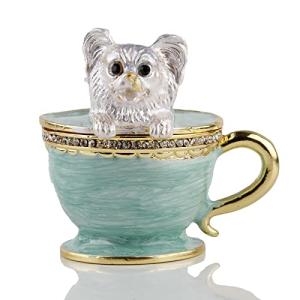 Teacup Pet Puppy Dog Trinket Box Hinged Ring Holder Jeweled Painted Enameled Collectible Dog Animal Figurine Jewelry Holder Box