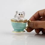 Teacup Pet Puppy Dog Trinket Box Hinged Ring Holder Jeweled Painted Enameled Collectible Dog Animal Figurine Jewelry Holder Box