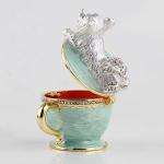 Teacup Pet Puppy Dog Trinket Box Hinged Ring Holder Jeweled Painted Enameled Collectible Dog Animal Figurine Jewelry Holder Box
