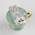 Teacup Pet Puppy Dog Trinket Box Hinged Ring Holder Jeweled Painted Enameled Collectible Dog Animal Figurine Jewelry Holder Box
