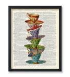 Poster Master Dictionary Art Poster - Stacked Teacups Print - Victorian Tea-Cup Art - Gift for Him, Her, Men, Women - Perfect Decor for Dining Room, Kitchen, Teahouse - 8x10 UNFRAMED Wall Art