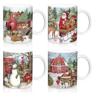 Whaline 4Pcs Vintage Christmas Mug Set 12oz Santa Snowman Coffee Mug Ceramic Xmas Winter Party Cups for Home School Office Housewarming Gift