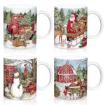 Whaline 4Pcs Vintage Christmas Mug Set 12oz Santa Snowman Coffee Mug Ceramic Xmas Winter Party Cups for Home School Office Housewarming Gift