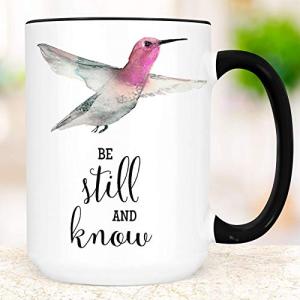 Be Still and Know Hummingbird Mug – Inspirational Christian Coffee Cup with Watercolor Bird – 11oz or 15oz Ceramic Mug – Faith Gift – White or Black Handle