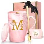 Coffee Mugs - Birthday Gifts for Women, Personalized Initial Customized Mug 14 Oz PinkTea Cup with Lid Spoon Greeting Card, Luxury Gift-Boxed Christmas Gift for Her Wife Mom Grandma Friend Unique,M