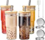 ASANMEYO 4 Pcs 24 oz Glass Cups With Bamboo Lids and Straws & 4 Airtight Lids, Reusable Smoothie Cups Mason Jar Drinking Glasses Iced Coffee Cups Glass Tumbler for Bubble Tea, Juice, Gift
