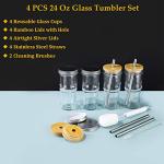 ASANMEYO 4 Pcs 24 oz Glass Cups With Bamboo Lids and Straws & 4 Airtight Lids, Reusable Smoothie Cups Mason Jar Drinking Glasses Iced Coffee Cups Glass Tumbler for Bubble Tea, Juice, Gift