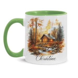 Custom Name Autumn Accent Cup, Autumn Cabin Scene Coffee Mug 11oz or 15oz, Personalized Nature Inspired Ceramic Mug, Camping Cup for Thanksgiving, Gifts for Friends, Family