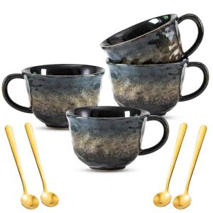 Noevany Coffee Mugs Cup, 8 OZ Ceramic Coffee Mugs with Gold Spoon for Man Woman, Modern Set of 4 Cup for Espresso Latte Cappuccino Cocoa Tea Dishwasher & Microwave Safe (Star Pulse)