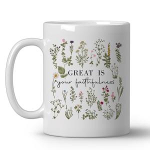 JKMBN Christian Bible Verse Coffee Mugs, Great is Your Faithfulness, Christian Gifts for Women, Inspirational Scripture Ceramic Coffee Mug, Wildflower Coffee Cup,11oz Ceramic Cup White