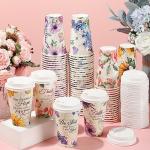 Dandat 100 Pcs Christian Floral Coffee Cups with Lids 16 oz Paper Floral Tea Cups Bulk Disposable Bible Verse Coffee Drinkware for Christian Religious Wedding Baby Shower Home Offices Supplies