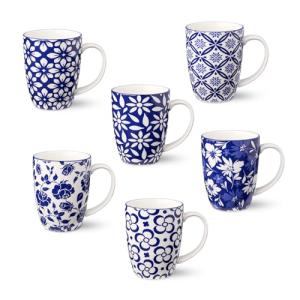 Certified International Madison Set of 6 14 oz Premium Porcelain Mugs - Vibrant Blue and White Patterns for Coffee, Tea, Lattes, and Hot Cocoa