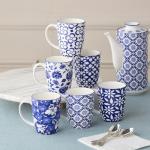 Certified International Madison Set of 6 14 oz Premium Porcelain Mugs - Vibrant Blue and White Patterns for Coffee, Tea, Lattes, and Hot Cocoa