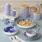 Certified International Madison Set of 6 14 oz Premium Porcelain Mugs - Vibrant Blue and White Patterns for Coffee, Tea, Lattes, and Hot Cocoa