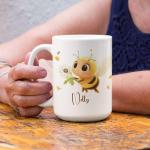 Custom Unique Name Coffee Mug 11oz 15oz, Bee and Dandelion Flower Cup, Personalized Nature Inspired Accent Mug, Cartoon Bee Ceramic Cup, Gifts for Children