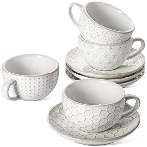 LE TAUCI Cappuccino Cups with Saucers 6 oz, Ceramic Embossment Coffee Cup for Au Lait, Double shot, Latte, Cafe Mocha, Tea, Dishwasher Safe - Set of 4, Arctic white