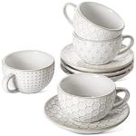 LE TAUCI Cappuccino Cups with Saucers 6 oz, Ceramic Embossment Coffee Cup for Au Lait, Double shot, Latte, Cafe Mocha, Tea, Dishwasher Safe - Set of 4, Arctic white