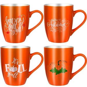 4 Pcs Fall Coffee Mugs 11 oz Thanksgiving Ceramic Mugs With Pumpkin/Happy Fall Y'all /Hello Autumn/It's Fall Y'all Word Pattern for Autumn Harvest Home Decor Kitchen Accessories Camp Campfire Tea Cup
