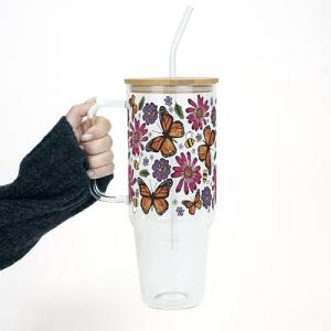 Sip Sip Hooray Monarch Butterfly 40oz Glass Tumbler with Handle, Aesthetic Glass Cup with Bamboo Lid & Straw, Floral Nature Drinkware for Iced Coffee, Tea, Smoothies, Butterfly Gift for Women