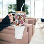 Sip Sip Hooray Monarch Butterfly 40oz Glass Tumbler with Handle, Aesthetic Glass Cup with Bamboo Lid & Straw, Floral Nature Drinkware for Iced Coffee, Tea, Smoothies, Butterfly Gift for Women