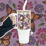 Sip Sip Hooray Monarch Butterfly 40oz Glass Tumbler with Handle, Aesthetic Glass Cup with Bamboo Lid & Straw, Floral Nature Drinkware for Iced Coffee, Tea, Smoothies, Butterfly Gift for Women