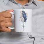 Custom Magnolia Flower Coffee Cup 11oz 15oz, Personalized Name Ceramic Mug, Decorative Cup With Crow, Customized Bird And Floral White Mug, Nature Inspired Keepsake Cup, Crow Mug