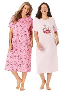 Dreams & Co. Plus Size 2-Pack Long Sleepshirts - 1X/2X, Pink Tea Cup