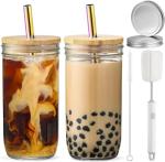 ASANMEYO 2 Pcs 24 oz Glass Cups With Bamboo Lids and Straws & 2 Airtight Lids, Reusable Smoothie Cups Mason Jar Drinking Glasses Iced Coffee Cups Glass Tumbler for Bubble Tea, Juice, Gift