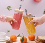 ASANMEYO 2 Pcs 24 oz Glass Cups With Bamboo Lids and Straws & 2 Airtight Lids, Reusable Smoothie Cups Mason Jar Drinking Glasses Iced Coffee Cups Glass Tumbler for Bubble Tea, Juice, Gift