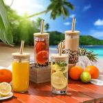 ASANMEYO 2 Pcs 24 oz Glass Cups With Bamboo Lids and Straws & 2 Airtight Lids, Reusable Smoothie Cups Mason Jar Drinking Glasses Iced Coffee Cups Glass Tumbler for Bubble Tea, Juice, Gift