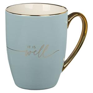 WITH LOVE Inspirational Coffee Mug for Women, It is Well with My Soul, Blue/Cream Medium Ceramic Drinking Cup 12oz.