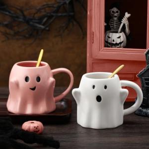 LemonRoad 2 Set 14 oz Pink and White Halloween Ghost Mug 3D Cute Ceramic Coffee Cup Ghostface Mug with Golden Spoon Halloween Accessories Birthday Gifts for Tea Coffee Lover Party Decoration