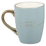 WITH LOVE Inspirational Coffee Mug for Women, It is Well with My Soul, Blue/Cream Medium Ceramic Drinking Cup 12oz.