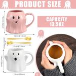 LemonRoad 2 Set 14 oz Pink and White Halloween Ghost Mug 3D Cute Ceramic Coffee Cup Ghostface Mug with Golden Spoon Halloween Accessories Birthday Gifts for Tea Coffee Lover Party Decoration