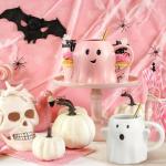LemonRoad 2 Set 14 oz Pink and White Halloween Ghost Mug 3D Cute Ceramic Coffee Cup Ghostface Mug with Golden Spoon Halloween Accessories Birthday Gifts for Tea Coffee Lover Party Decoration