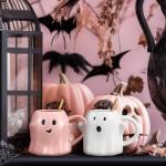 LemonRoad 2 Set 14 oz Pink and White Halloween Ghost Mug 3D Cute Ceramic Coffee Cup Ghostface Mug with Golden Spoon Halloween Accessories Birthday Gifts for Tea Coffee Lover Party Decoration