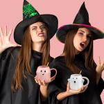 LemonRoad 2 Set 14 oz Pink and White Halloween Ghost Mug 3D Cute Ceramic Coffee Cup Ghostface Mug with Golden Spoon Halloween Accessories Birthday Gifts for Tea Coffee Lover Party Decoration