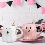 LemonRoad 2 Set 14 oz Pink and White Halloween Ghost Mug 3D Cute Ceramic Coffee Cup Ghostface Mug with Golden Spoon Halloween Accessories Birthday Gifts for Tea Coffee Lover Party Decoration