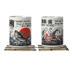 LOVE LOVE JAPAN Japanese Tea Cups Sushi-Yunomi Mino Ware With Bamboo Coaster (Set of 2) (Squid-Octopus Tuna)