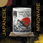 LOVE LOVE JAPAN Japanese Tea Cups Sushi-Yunomi Mino Ware With Bamboo Coaster (Set of 2) (Squid-Octopus Tuna)