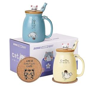 Kawaii Cat Mug Set - 2 Pack Blue & Yellow, 15oz/450ml Ceramic Tea Cups with Cute Lids & Spoons - Perfect for Cat Lovers, Christmas & Birthday Gifts