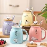 Kawaii Cat Mug Set - 2 Pack Blue & Yellow, 15oz/450ml Ceramic Tea Cups with Cute Lids & Spoons - Perfect for Cat Lovers, Christmas & Birthday Gifts