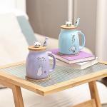 Kawaii Cat Mug Set - 2 Pack Blue & Yellow, 15oz/450ml Ceramic Tea Cups with Cute Lids & Spoons - Perfect for Cat Lovers, Christmas & Birthday Gifts