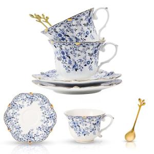 TATSUMI Country Roses Bone China Tea Cup and Saucer Set, 6 Pieces, Vintage Style, For Women and Tea Parties（QH, 2 SETS）