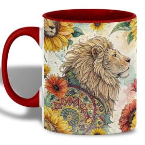 Boho Lion Sunflower Mug, Majestic Jungle King Ceramic Coffee Cup with Floral Mandala Pattern and Vintage Watercolor Art, Nature-Inspired Gift for Men, Women, and Animal Spirit Lovers, 11oz