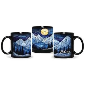 Snow Mountain Ceramic Cup, Personalized Landscape Mug With Name, Stained Glass Black Mug 11oz 15oz, Gift For Coworkers, Custom Nature Full Wrap Cup, Customized Mountain Coffee Mug, 1pcs