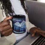 Snow Mountain Ceramic Cup, Personalized Landscape Mug With Name, Stained Glass Black Mug 11oz 15oz, Gift For Coworkers, Custom Nature Full Wrap Cup, Customized Mountain Coffee Mug, 1pcs