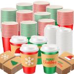 Ziliny 200 12 oz Christmas Cups with Lids and Coffee Cup Sleeves Bulk Red Green Disposable Christmas Paper Coffee Cups for Beverage Chocolate Tea Cocoa Xmas Holiday Table Decorations Party Favors