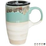 Bosmarlin Ceramic Travel Coffeel Mug with Handle and Lid, 18 oz, Portable Coffee Cup for Car Cup Holder, Microwave and Dishwasher Safe, Reactive Glaze (Green)