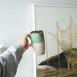 Bosmarlin Ceramic Travel Coffeel Mug with Handle and Lid, 18 oz, Portable Coffee Cup for Car Cup Holder, Microwave and Dishwasher Safe, Reactive Glaze (Green)